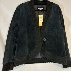 Coldwater Creek Women’s Black Leather Suede Jacket Cable Knit Trim Size XL NWT